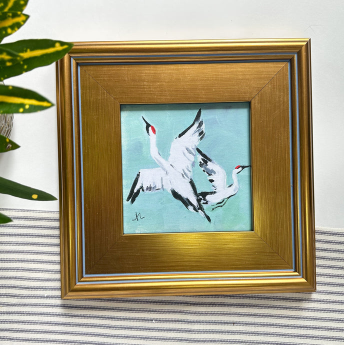 Pair of Cranes in Flight, Painting on Canvas