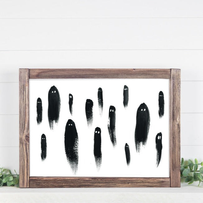 Boo! Black and White Ghosts framed in Wood Standing Frame