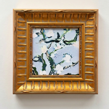Load image into Gallery viewer, Nineveh Floral Square, Custom Framed Print in a gold frame, featuring a soft blue background and white flowers.