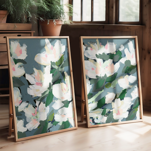 Midnight Garden, Hague Blue, Abstract Floral, Set of 2 Prints