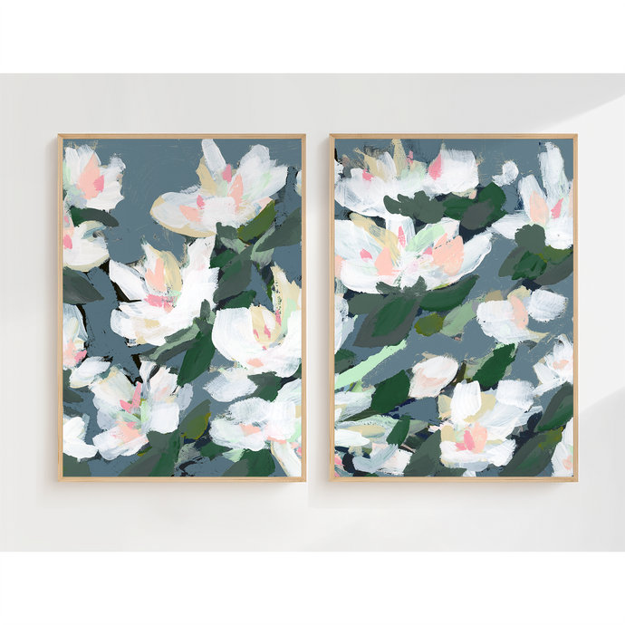 Midnight Garden, Hague Blue, Abstract Floral, Set of 2 Prints