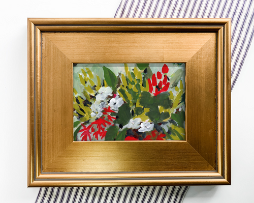 Olive and Red Floral Mood, Art Print Framed in Gold