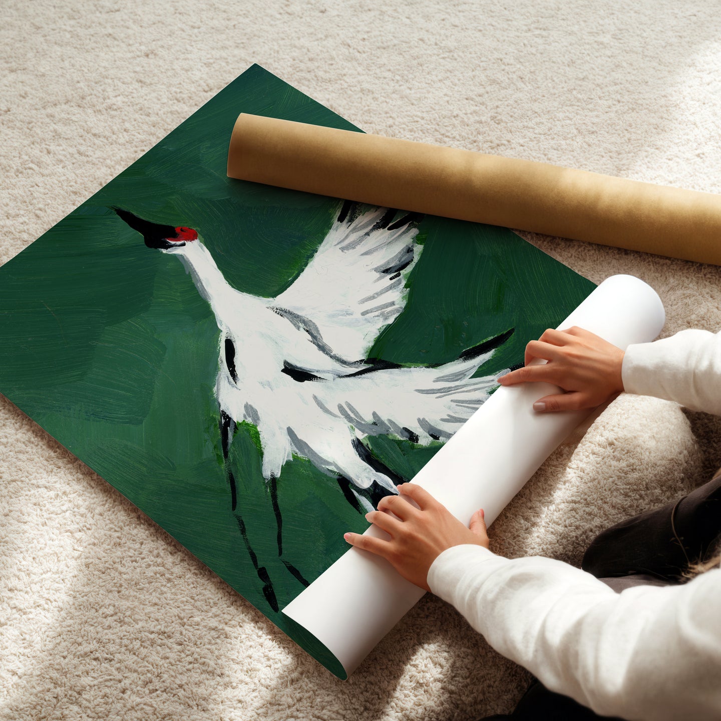 Single Crane in Flight (Deep Green), Fine Art Print