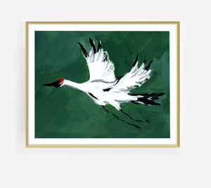 Single Crane in Flight (Deep Green), Fine Art Print