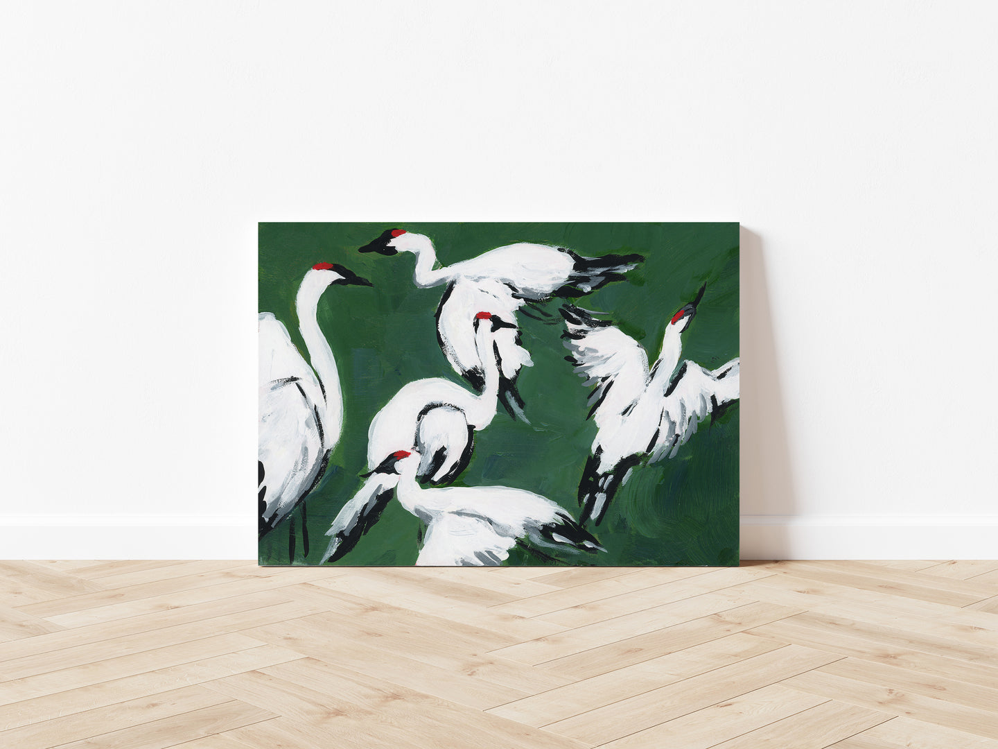 Sandhill Crane Grouping on Jade Green on Canvas Wrap