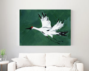 Single Crane in Flight, Deep Green on Canvas Wrap